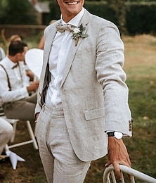 abordables -Trajes de boda de lino para hombres en la playa beige trajes de padrinos de boda verano de color sólido medio forrado ajuste a medida de 2 piezas de un solo botón