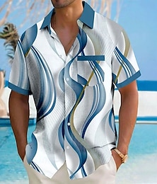 voordelige -Voor heren 3D Print Meetkundig Lijn Overhemd Overhemd met knopen Korte mouw Mode-casual Vakantie Feestdagen Strand Kleding Zomer Herfst Strijkijzer 3D-afdrukken shirts met kraag Voorste zak blauw