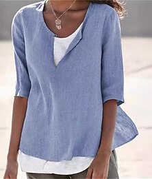 economico -Per donna Camicia Camicia di lino Camicie di cotone e lino Semplice Quotidiano Elegante Essenziale Manica 3/4 Scollo a V Top Regolari Lavoro Quotidiano Ferie Nero Bianco Blu Primavera Autunno