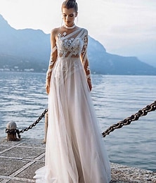 economico -Abiti da Sposa Abito a Ballo Collo Alzato Manica Lunga Strascico da Cappella Satin Abiti da Sposa con Pieghe Arricciate