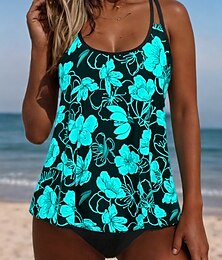 abordables -Wassimètres femme Tankini 2 pièces Maillot de bain sexy Sans dos Contrôle du ventre Taille haute Slim Vacances Plage Wear Fleurs U Neck Sans manches
