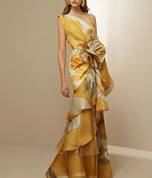 abordables -Robe de soirée A-Line jaune robe vintage formelle longueur sol sans manches une épaule satin avec imprimé floral pailleté volants robe d'invitée de mariage 2025