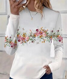 baratos -Mulheres Camiseta Floral Casual Manga Longa Gola Redonda Tops regulares Diário Imprimir Branco Primavera Outono