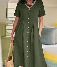 economico -Per donna Abito Midi Abiti in cotone e lino Vestito Casual Essenziale Casual Vacanza Quotidiano Vestibilità regolare Semplice Manica Lunga Scollo a V Azzurro cielo Viola Verde Estate