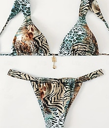 billige -Dame Badetøy Bikini 2 stk G-streng Badedrakt Åpen rygg Tynn Ferie Strand Klær Leopard V-hals Ermeløs Badedrakter