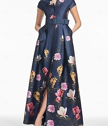 abordables -Robe de soirée A-Line à fente haute robe formelle pour invité de mariage longueur sol manches courtes décolleté en V satin avec imprimé floral fente robe Derby robe de jour de course robe d'invité de