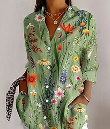 economico -Per donna Camicia Floreale Casual Manica Lunga Colletto a Camicia Top Regolari Lavoro Quotidiano Bottoni Stampato Verde Primavera Autunno Inverno