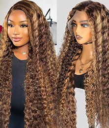 baratos -Destaque p4/27 peruca de cabelo humano 13x4 peruca de renda frontal onda profunda 150% densidade