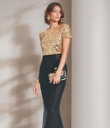 preiswerte -Meerjungfrau  Trompete Abendkleid Elegantes Kleid Formal Abendparty bodenlang kurze Ärmel Rundhalsausschnitt Satin mit Glitzer