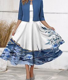 levne -Womenské midi šaty ležérní šaty chiffonové šaty swingové šaty elegantní svatební dovolená každodenní běžný střih květinové poloviční rukáv véčkový výstřih modrá léto jaro podzim