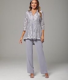 levne -Overal  Kalhotový kostým 3 kusy matky nevěsty Elegantní plus velikost V výstřih kotníková délka chiffon krajka 3/4 délka rukávu s přiloženým broží se třpytivými krystaly