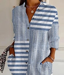 baratos -Camisa Feminina Estampa Gráfica Geométrica Listrada Casual Estilosa Retrô Vintage Manga Longa Gola de Camisa Tops Regulares Dia a Dia Feriado Saindo Botões Azul Claro Verão Primavera