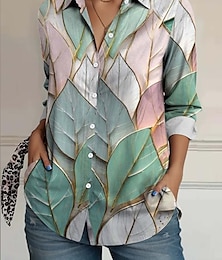 economico -Camicia da donna a manica lunga con bottoni Blusa Floreale Elegante Quotidiana Donne Collo a V Camicie Regolari Quotidiane Verde Erba Autunno Inverno