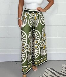baratos -Mulheres Perna larga chinês Moda Roupa de rua Comprimento total Cintura Alta Floral Cintura elástica Imprimir Confortável Macio Micro-Elástica Ao ar livre Rua Verde Maçã Preto Azul Marinho Escuro