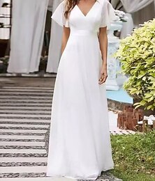 economico -Abito da damigella A-Line scollatura a V maniche corte elegante lungo fino al pavimento in chiffon/satin/spandex con volant drappeggi arricciature