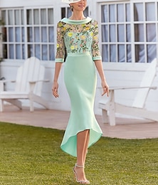 abordables -Robe sirène en dentelle florale verte et rose brodée mère de la mariée élégante vintage décolleté en bijou asymétrique longueur thé tissu extensible manches 1/2 robe de jour de course 2025