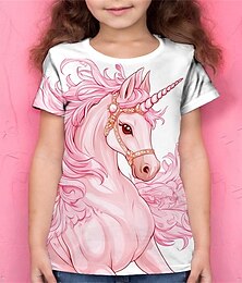 ieftine -Fete 3D Grafic Inorog Tricou Manșon scurt Vară Primăvară Modă De Bază Copii 4-12 ani Stil Nautic În aer liber Casual Zilnic Fit regulat
