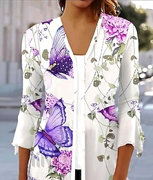 economico -Per donna Camicia Floreale Farfalla Essenziale Manica a 3/4 Squadrata Top regolari Giornaliero Stampa Viola Primavera Autunno