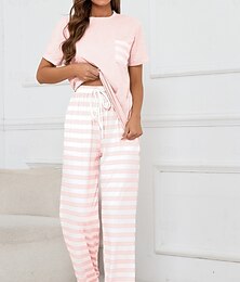 billiga -Dam Pyjamas set Ledigt Komfort Rand Elastisk midja T-shirt Byxa Hem Dagligen Kortärmad Rund hals Rodnande Rosa Marinblå Grå Sommar Vår Höst Normal