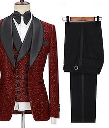 voordelige -Heren Feestpakken Tuxedo's Zwart Rood Mode Luxe Effen Kleur Standaard Pasvorm 3-Delig Enkele Knoof