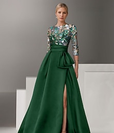 economico -Abito da Sera A-Line Ricamato Floreale Elegante Formale Matrimonio Lungo Fino al Pavimento Mezza Manica Collo a Camicia di Satin con Fiocco(e) Spacco
