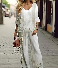 economico -2 pezzi da donna basic neon e camicia blusa a maniche 3/4 collo a V floreale tie dye stampa astratta casual in lino simile avorio estate vestibilità regolare