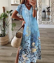 economico -Per donna Abito maxi Abito cachemire Vestito Casual Abito Boho a Maniche Lunghe Abito a trapezio Bohemien Vacanza Vintage Vacanza Quotidiano Vestibilità regolare Floreale Manica Corta Scollo a V Nero