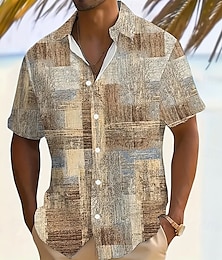 billiga -Herr Geometrisk Färgblock Lappverk Skjorta Knapp upp skjorta Kortärmad Mode Casual Semester Helgdag Streetwear Sommar Nedvikt 3D-utskrift krage skjortor Främre en ficka Blå Kaki