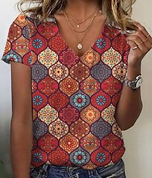 abordables -Mujer Camiseta Geométrico Cosecha Elegante Casual Manga Corta Escote en Pico Tops regulares Diario Botones Estampado Rojo Verano Primavera