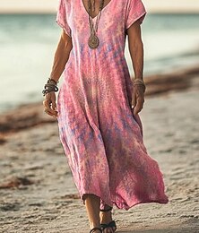 economico -Per donna Abito maxi Vestito Casual Abito a trapezio Elegante Casual Vacanza Quotidiano Vestibilità regolare Floreale Manica Corta Scollo a V Rosa chiaro Viola chiaro Viola Beige Primavera Autunno