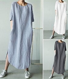 abordables -Femmes Robe Midi Robes inspirées du lin Robe Décontractée Robe en coton et lin Élégant Occasionnel Vacances Quotidien Date Coupe régulière Uni Demi Manches Col ras du cou Blanche Bleu Gris Ét