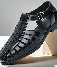 economico -sandali da uomo in similpelle nera con cinturino a T e chiusura con fibbia – design traforato alla moda per l'estate, le attività all'aperto e l'abbigliamento casual