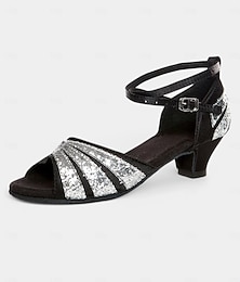 levne -stříbrné třpytivé taneční sandály pro ženy | elegantní otevřená pata s nastavitelným páskem | ideální na ples, salsu a večerní nošení