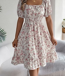 abordables -Femme Robe mi-longue Robe Trapèze Robe de laitière Robe mi-longue Robe smockée Bohême Le style mignon mode Manche Gigot Vacances Intérieur Soirée Ajustable Floral Manche Courte Col Carré Noir Blanche