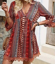 abordables -Femme Mini robe Robe casual robe boheme mode Décontractées Vacances du quotidien Standard Graphic Géométrique Manches 3/4 Col V Rose Claire Rouge Bleu Eté