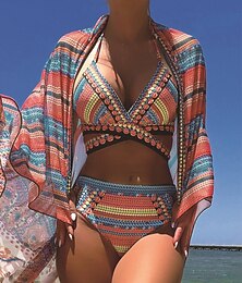 abordables -Femme Maillots de Bain Bikinis Trois pièces Slips Maillot de bain Dos Nu Mince Vacances Tenues de plage Géométrique Col V Sans Manches Maillots de bain