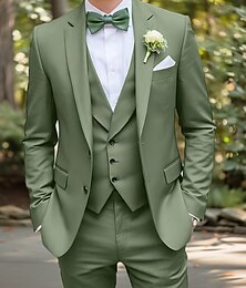 economico -Completi da matrimonio business da uomo salvia verde scuro moda festa estiva di colore solido vestibilità standard 3 pezzi monopetto a due bottoni