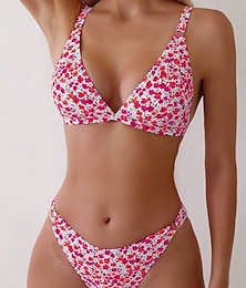 economico -Per donna Costumi da bagno Bikini 2 pezzi Slip brasiliano Costume da bagno Schiena scoperta Taglia piccola Festività Abbigliamento mare Floreale A V Senza maniche Costumi da bagno