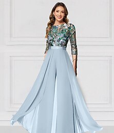 abordables -Combinaison florale brodée pour mère de la mariée mariage formel élégant vintage illusion col longueur au sol chiffon manches 3/4 avec sequins robe de jour de course 2025