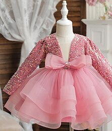 levne -Děti Batole Dívčí Šaty na párty Pevná barva Dlouhý rukáv Škola Párty Flitry Kravatový uzel Rozkošný Princeznovské Polyester Délka ke kolenům Bruslařské šaty Léto Jaro Podzim 4-12 let 4-7 let Světl