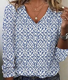 abordables -Mujer Camiseta Graphic Moda Moderno Casual Manga Larga Escote en Pico Tops regulares Diario Fin de semana Estampado Azul Piscina Otoño Invierno