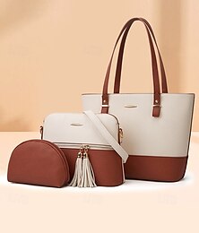 abordables -Ensemble de sacs à main élégants en patchwork bicolore pour femmes avec décoration à pompons - sac à main, sac à bandoulière et petit sac - parfait pour les loisirs quotidiens, les déplacements au travail