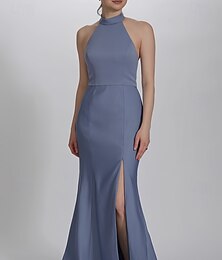 preiswerte -Meerjungfrauenschnitt Brautjungfernkleid Neckholder Ärmellos Elegant Bodenlang Stretchstoff mit Geteilter Vorderteil 2022