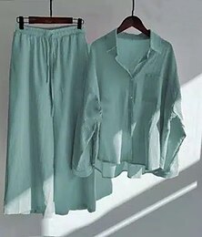 abordables -Femmes Mode Streetwear Chemise Ensembles en coton et lin Ensembles deux pièces Pantalons en Lin Pantalons manche longue Col de chemise Couleur Unie Cordon de serrage Tenue quotidienne Date Vert