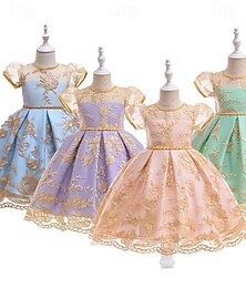 billiga -Barn Flickor Klänning Blomma Kortärmad Utomhus Ledigt Paljetter Mode Ljuv Polyester Midi Vardagsklänning A linjeklänning Tyllklänning Sommar Vår 4 år + Champagne Rodnande Rosa Purpur