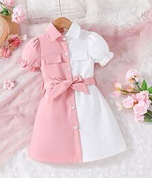 levne -Děti Dívčí Šaty Barevné bloky Krátký rukáv Venkovní Ležérní Kravatový uzel Nahoře nabírané Módní Rozkošný Polyester Délka ke kolenům Volnočasové šaty Áčkové šaty Léto Jaro 4 roky + Žlutá Světl