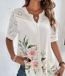 preiswerte -Damen Hemd Bluse Blumen Stilvoll Brautkleider schlicht Kurzarm Hemdkragen Normale Oberteile Täglich Spitze Patchwork Knopf Rosa Blau Sommer Frühling