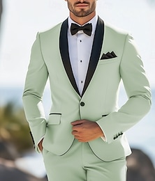お買い得  -男性用 プロムドレス 秋の結婚式 パーティースーツ ショールラペル ライトグリーン ファッション フォーマル ソリッド スタンダードフィット 2点セット シングルブレスト 一つボタン