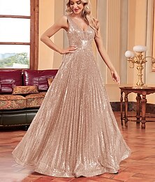 abordables -Robe de soirée trapèze, robe de soirée, cocktail, longueur au sol, sans manches, col plongeant, polyester avec plis pailletés, 2025