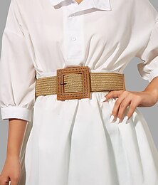 abordables -Cinturón de paja tejida para mujer con hebilla cuadrada de gran tamaño: estilo boho chic, ajuste ajustable para ropa casual o de playa, perfecto para atuendos de primavera y verano